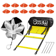 Load image into Gallery viewer, OWEMTECH Speed Agility Training Set - 20ft Long Ladders,12 Cones,Resistance Parachute - Indoor Outdoor Football, Soccer, Lacrosse, Hockey, Basketball Drill
